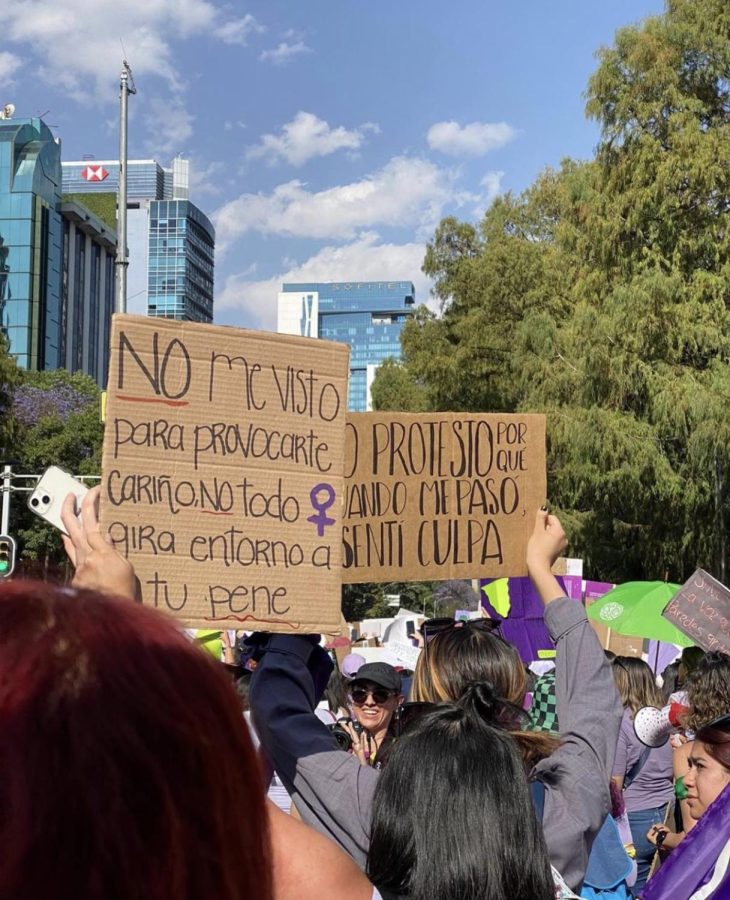 Mexican protestors hold up signs that address violence against women, 
