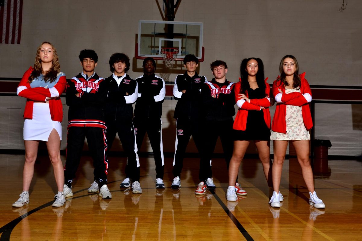 A photo of team captains and leaders for winter sports at Grant. From left to right theres Sydney Freuling, Sammy Mendez, Pryde Mendoza, Braylon Gray, Will Schubert, Christian Whitcamp, Emma Matoka, and Delilah Yerushalmi.